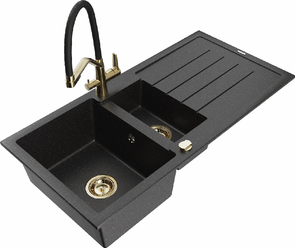 Granitinė virtuvinė plautuvė Mexen Andres su maišytuvu ir sifonu, Metallic juodas/sidabrinis+Juodas/Gold