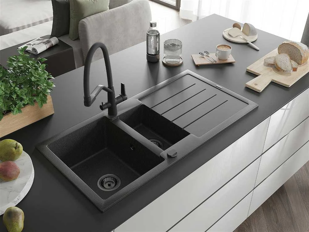 Granitinė virtuvinė plautuvė Mexen Andres su maišytuvu ir sifonu, Juodas granite+Juodas/Gold