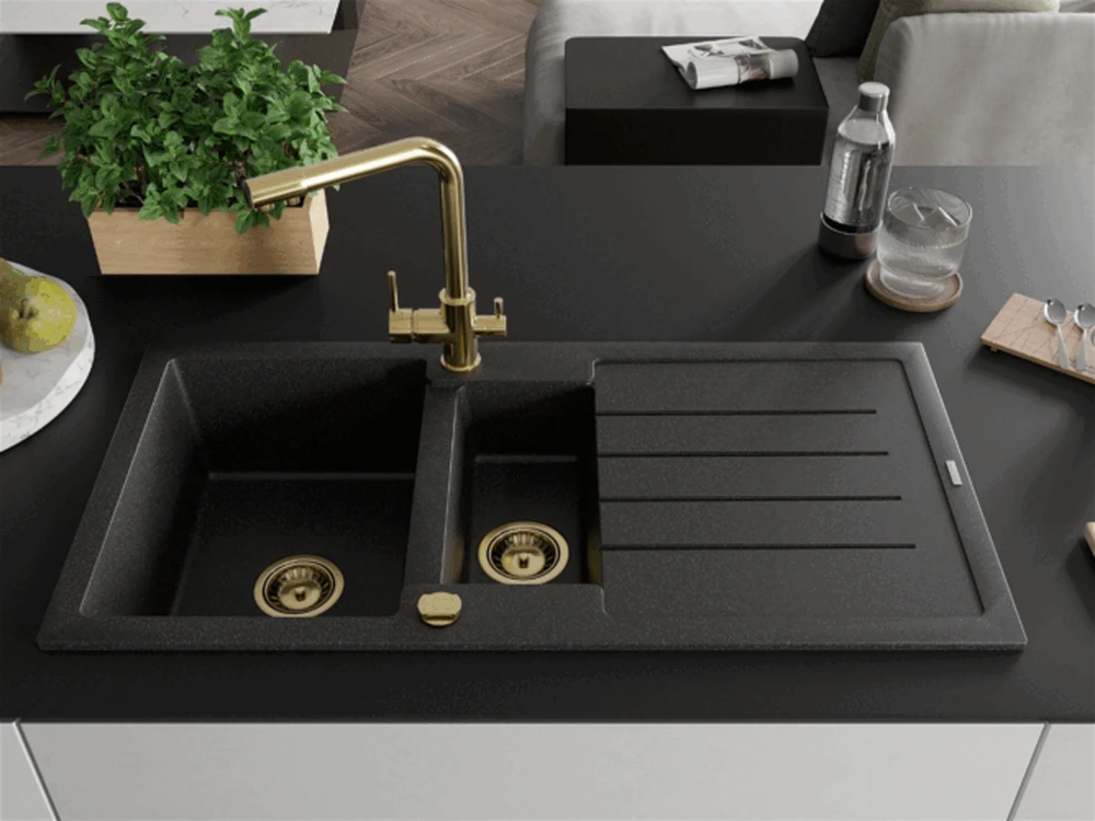 Granitinė virtuvinė plautuvė Mexen Andres su maišytuvu ir sifonu, Juodas granite+Gold