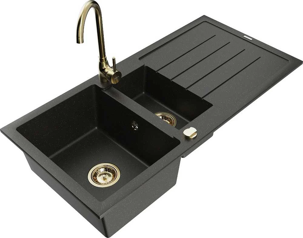 Granitinė virtuvinė plautuvė Mexen Andres su maišytuvu ir sifonu, Metallic juodas/auksinis+Gold
