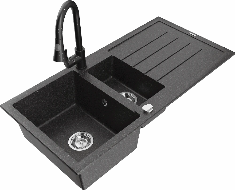 Granitinė virtuvinė plautuvė Mexen Andres su maišytuvu ir sifonu, Juodas granite+Juodas