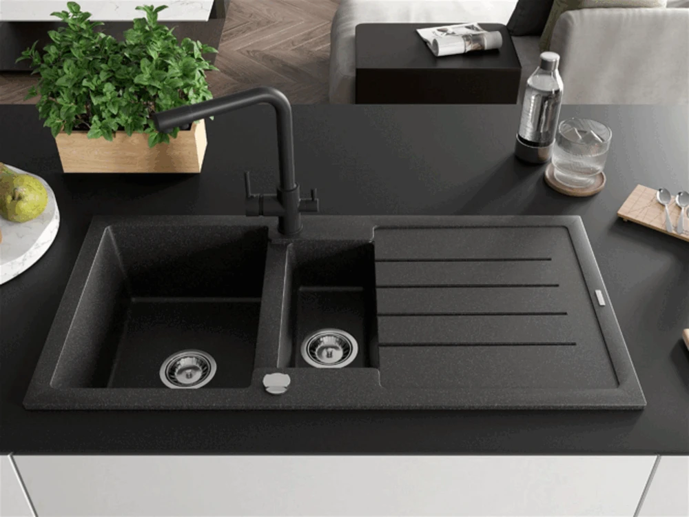 Granitinė virtuvinė plautuvė Mexen Andres su maišytuvu ir sifonu, Juodas granite+Juodas
