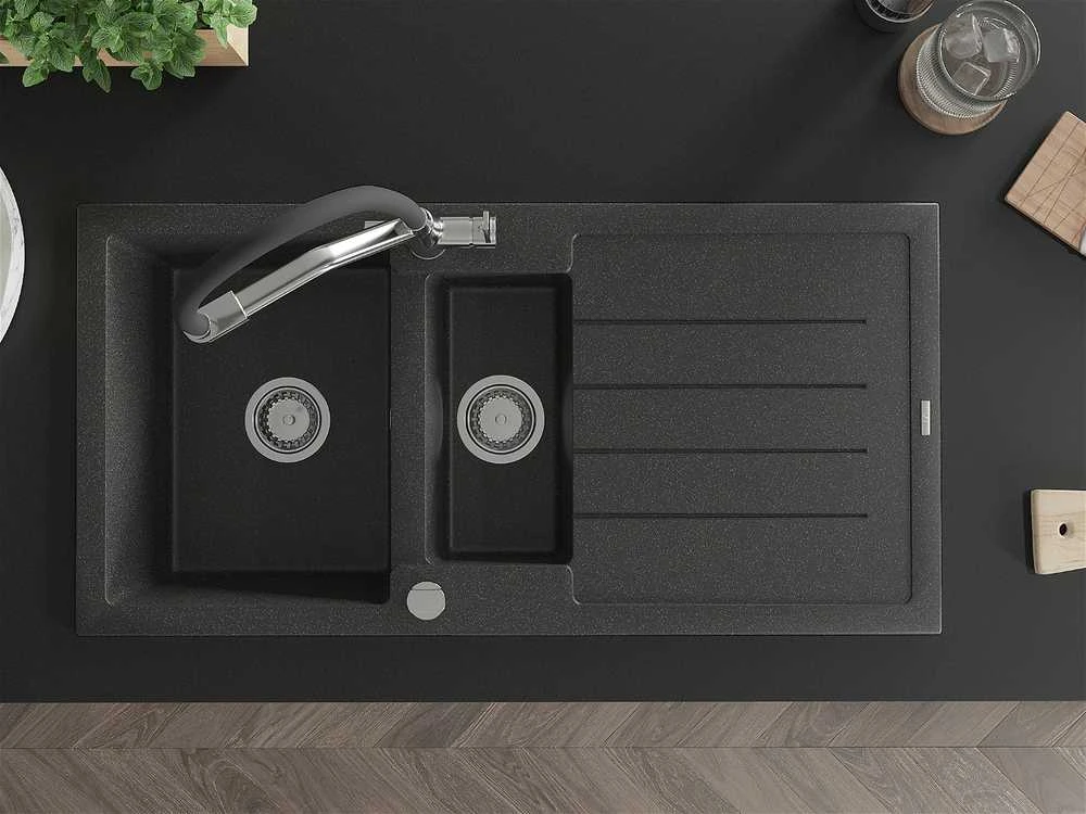 Granitinė virtuvinė plautuvė Mexen Andres su maišytuvu ir sifonu, Juodas granite+Juodas/Chrome