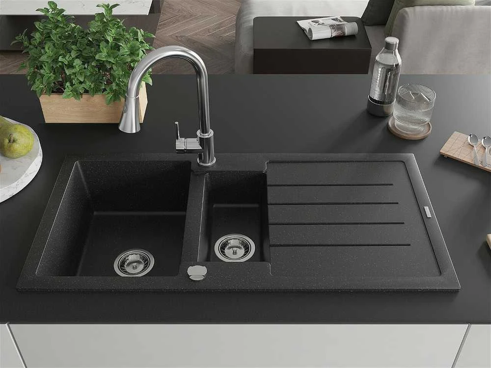 Granitinė virtuvinė plautuvė Mexen Andres su maišytuvu ir sifonu, Metallic juodas/sidabrinis+Chrome