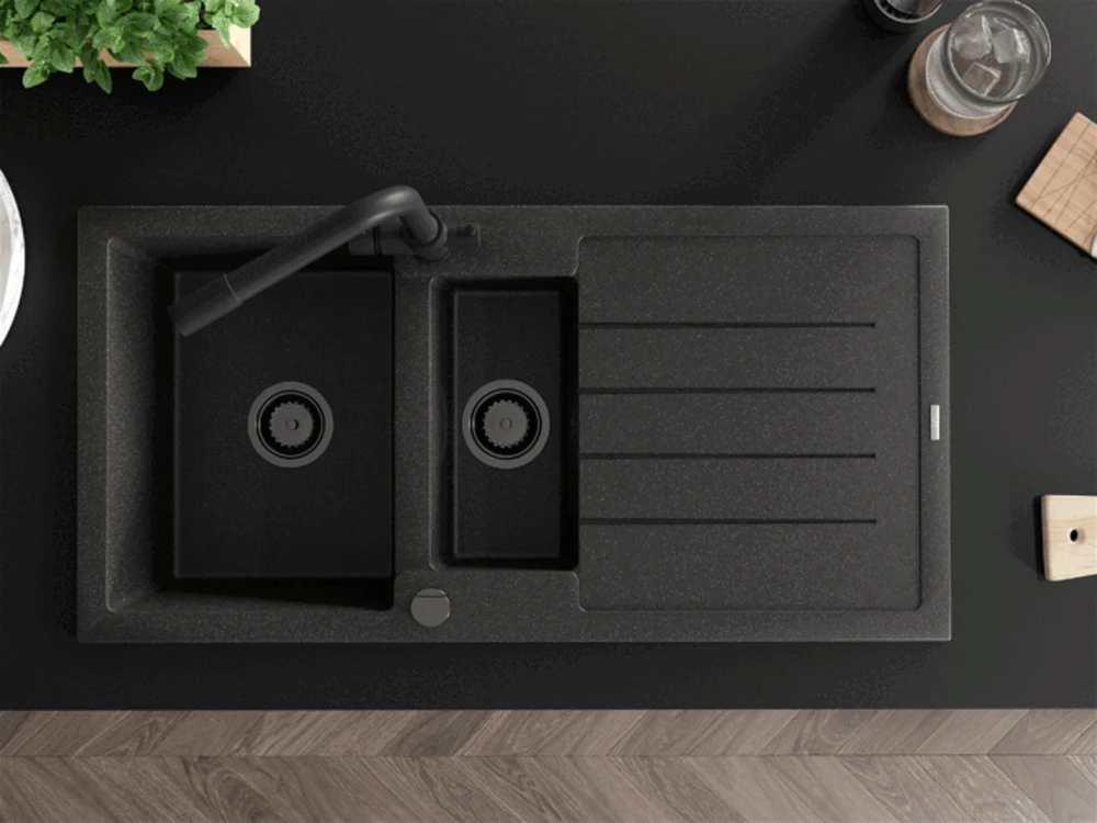 Granitinė virtuvinė plautuvė Mexen Andres su maišytuvu ir sifonu, Juodas granite+Juodas(B)