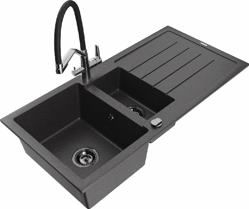 Granitinė virtuvinė plautuvė Mexen Andres su maišytuvu ir sifonu, Juodas granite+Juodas/Chrome