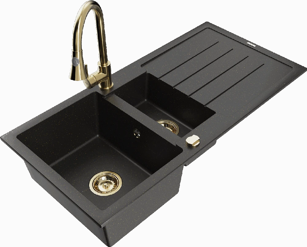 Granitinė virtuvinė plautuvė Mexen Andres su maišytuvu ir sifonu, Metallic juodas/auksinis+Gold