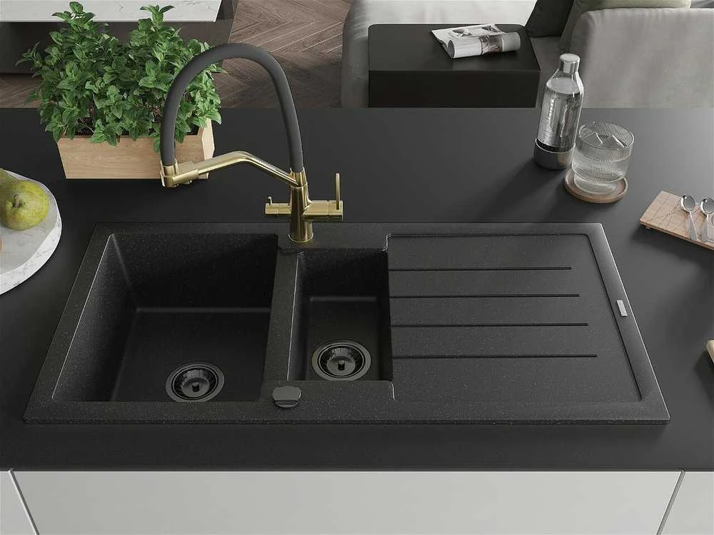 Granitinė virtuvinė plautuvė Mexen Andres su maišytuvu ir sifonu, Metallic juodas/sidabrinis+Juodas/Gold