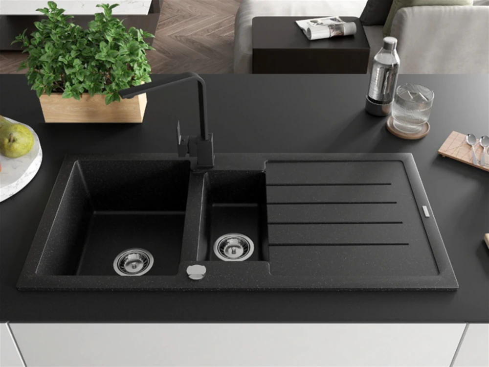 Granitinė virtuvinė plautuvė Mexen Andres su maišytuvu ir sifonu, Metallic juodas/sidabrinis+Juodas