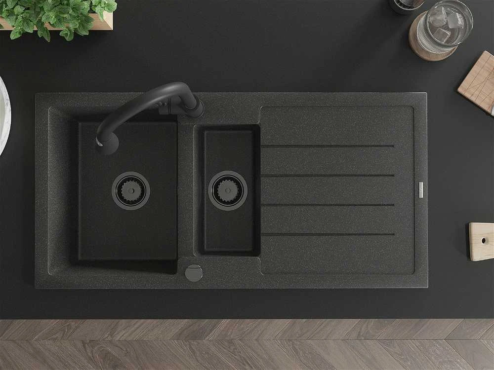 Granitinė virtuvinė plautuvė Mexen Andres su maišytuvu ir sifonu, Juodas granite+Juodas