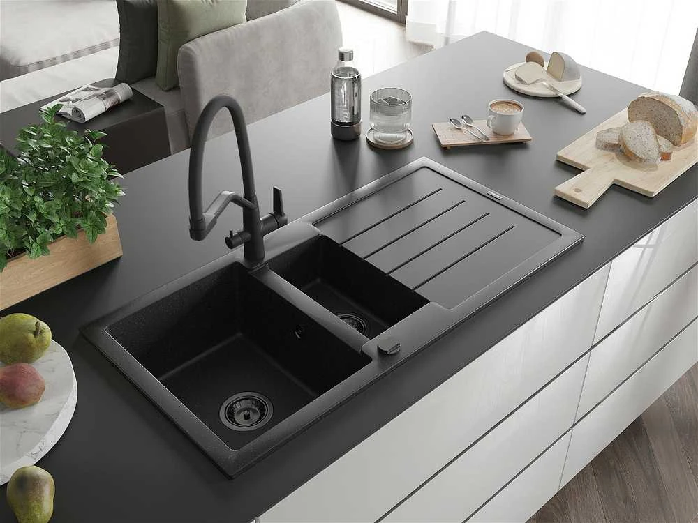Granitinė virtuvinė plautuvė Mexen Andres su maišytuvu ir sifonu, Metallic juodas/sidabrinis+Juodas