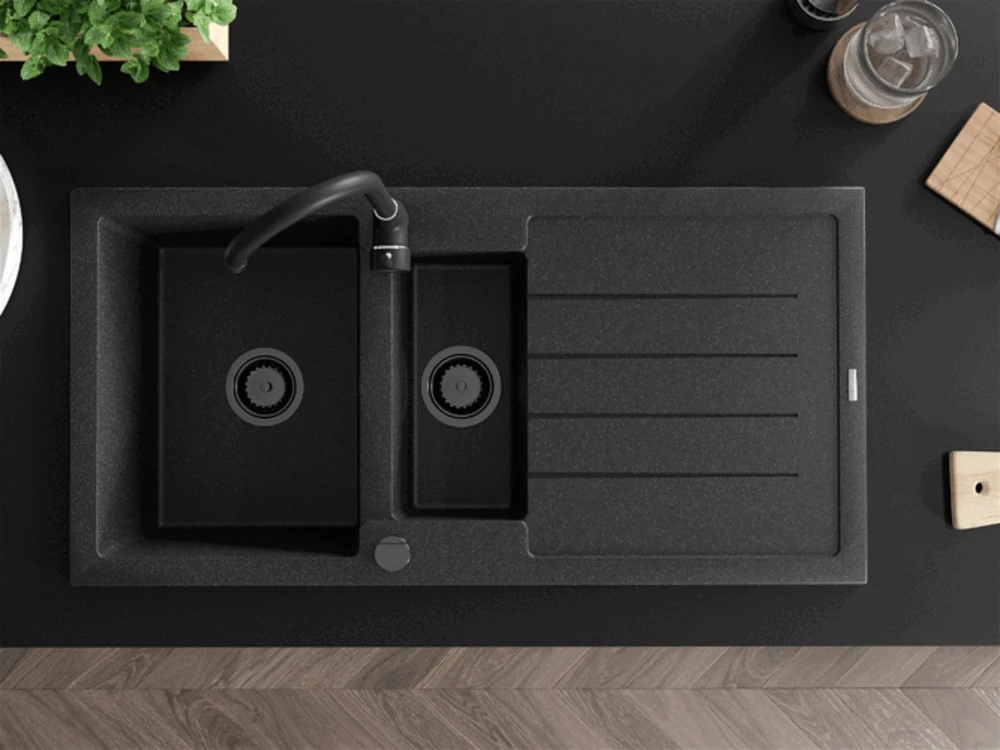 Granitinė virtuvinė plautuvė Mexen Andres su maišytuvu ir sifonu, Juodas granite+Juodas(B)
