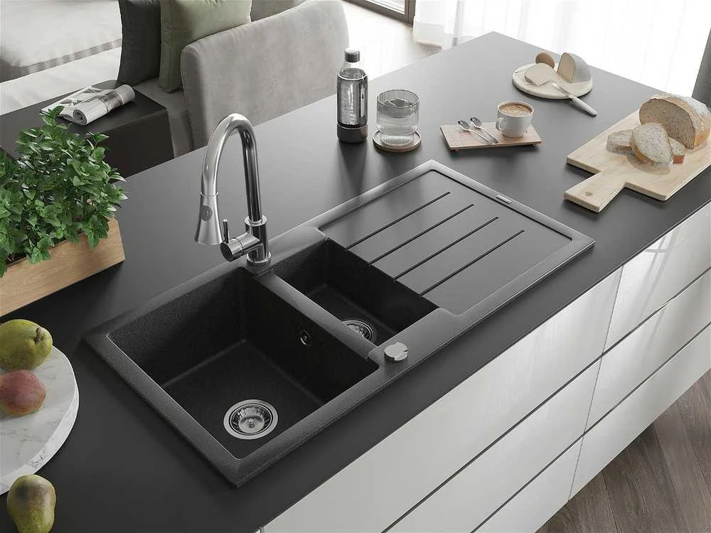 Granitinė virtuvinė plautuvė Mexen Andres su maišytuvu ir sifonu, Juodas granite+Chrome