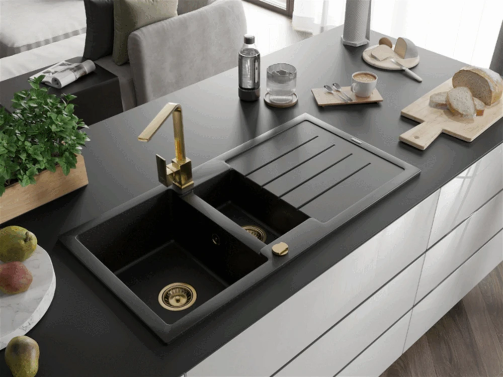 Granitinė virtuvinė plautuvė Mexen Andres su maišytuvu ir sifonu, Metallic juodas/sidabrinis+Gold