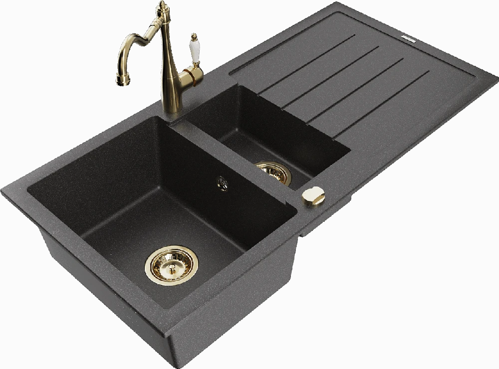 Granitinė virtuvinė plautuvė Mexen Andres su maišytuvu ir sifonu, Juodas granite+Gold