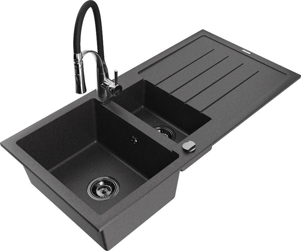 Granitinė virtuvinė plautuvė Mexen Andres su maišytuvu ir sifonu, Juodas granite+Juodas/Chrome