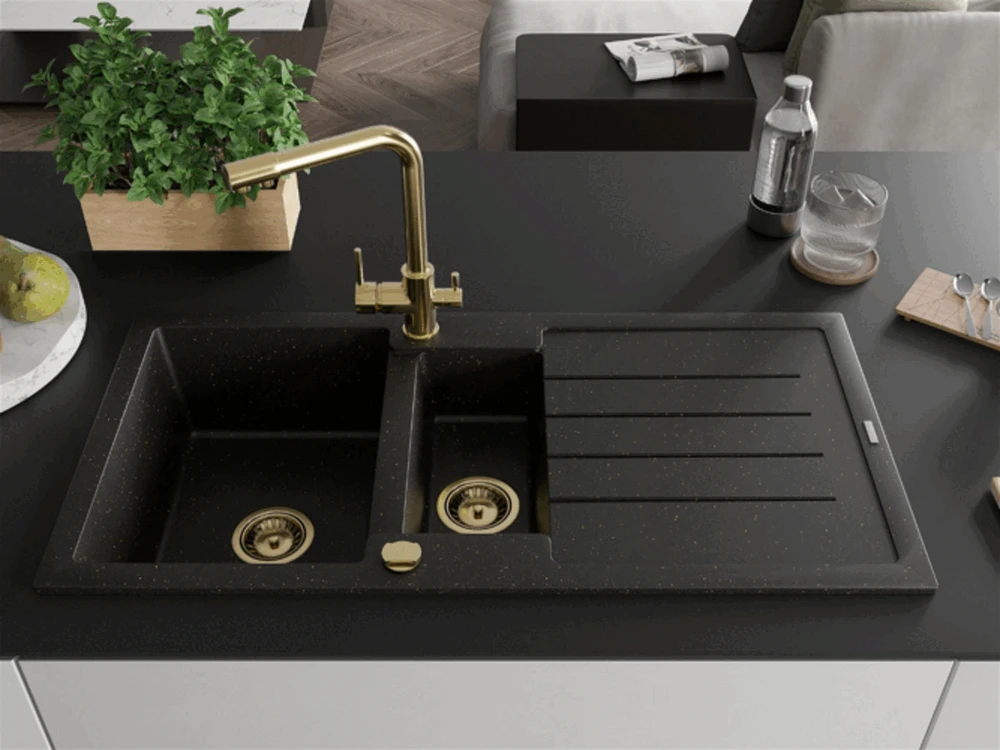 Granitinė virtuvinė plautuvė Mexen Andres su maišytuvu ir sifonu, Metallic juodas/auksinis+Gold