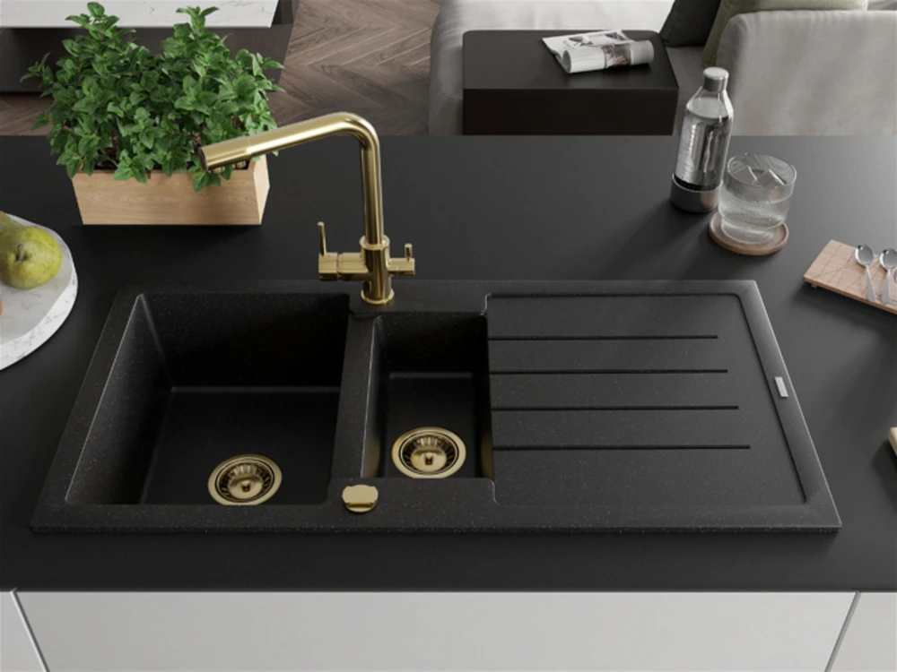 Granitinė virtuvinė plautuvė Mexen Andres su maišytuvu ir sifonu, Metallic juodas/sidabrinis+Gold