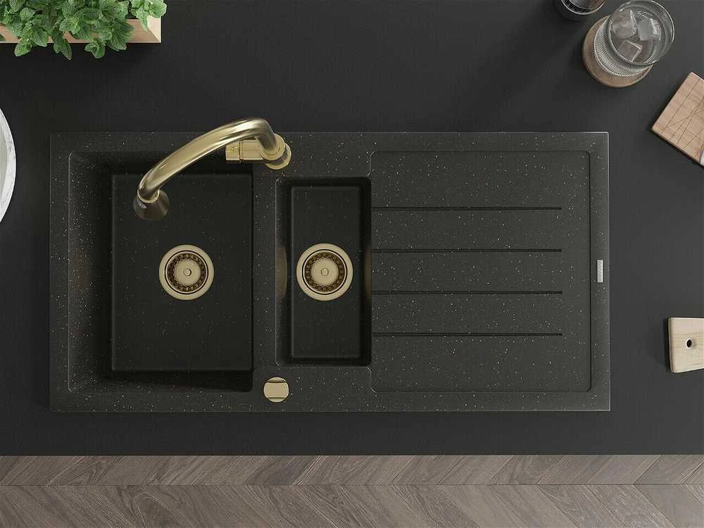 Granitinė virtuvinė plautuvė Mexen Andres su maišytuvu ir sifonu, Metallic juodas/auksinis+Gold