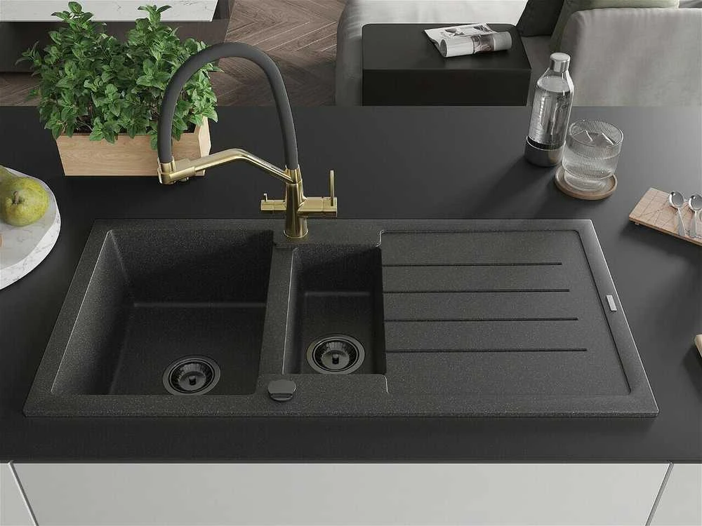 Granitinė virtuvinė plautuvė Mexen Andres su maišytuvu ir sifonu, Juodas granite+Juodas/Gold