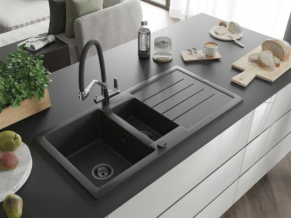 Granitinė virtuvinė plautuvė Mexen Andres su maišytuvu ir sifonu, Juodas granite+Juodas/Chrome