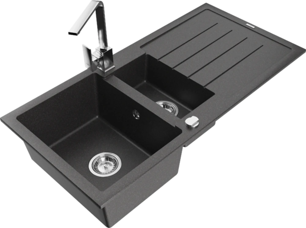 Granitinė virtuvinė plautuvė Mexen Andres su maišytuvu ir sifonu, Juodas granite+Chrome