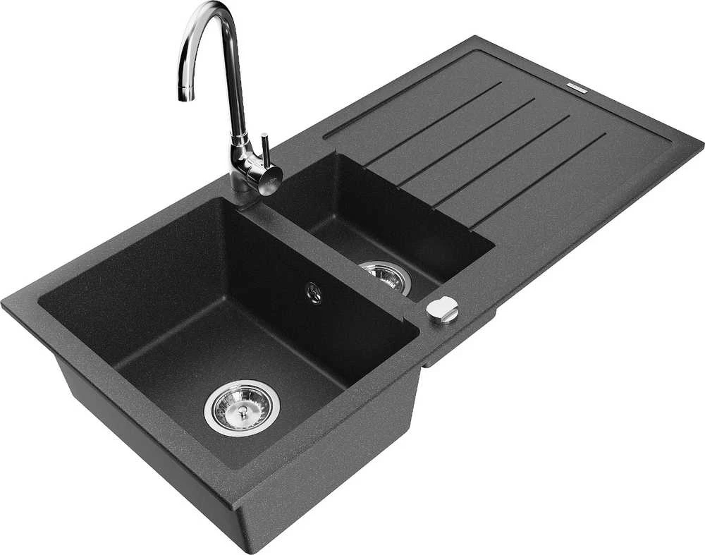 Granitinė virtuvinė plautuvė Mexen Andres su maišytuvu ir sifonu, Juodas granite+Chrome