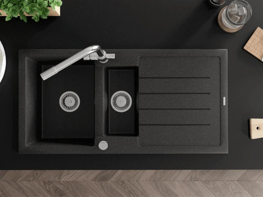 Granitinė virtuvinė plautuvė Mexen Andres su maišytuvu ir sifonu, Juodas granite+Chrome