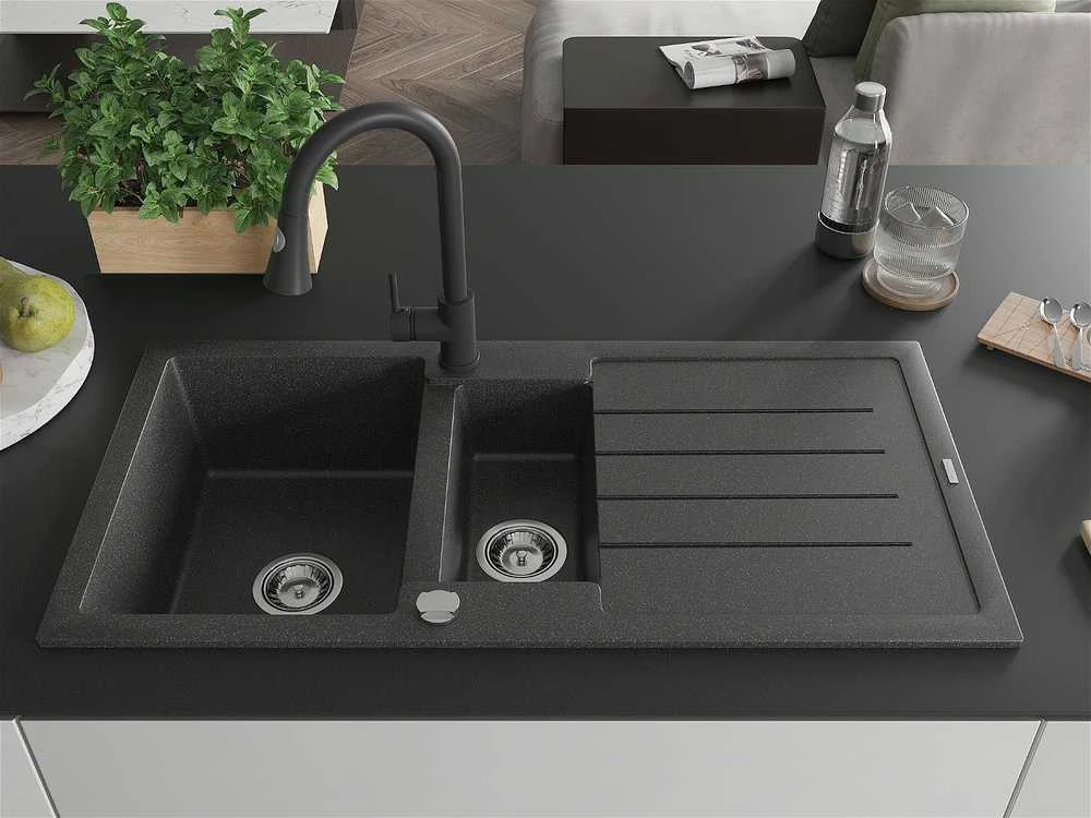 Granitinė virtuvinė plautuvė Mexen Andres su maišytuvu ir sifonu, Juodas granite+Juodas