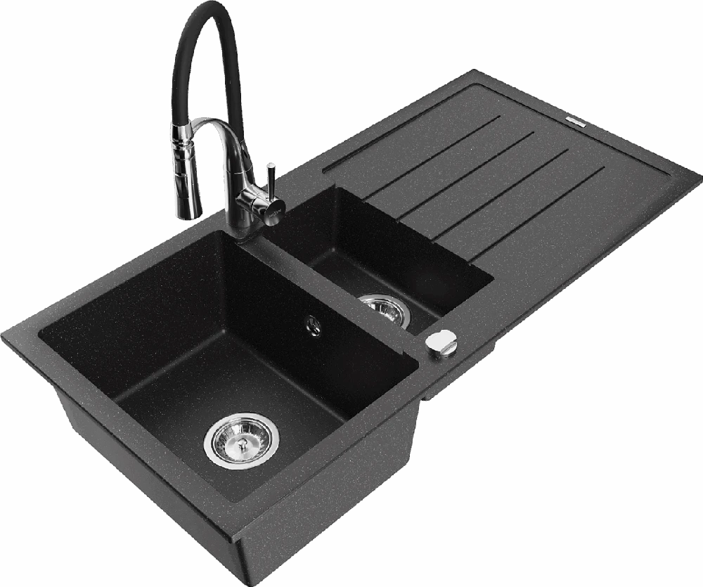 Granitinė virtuvinė plautuvė Mexen Andres su maišytuvu ir sifonu, Metallic juodas/sidabrinis+Juodas/Chrome