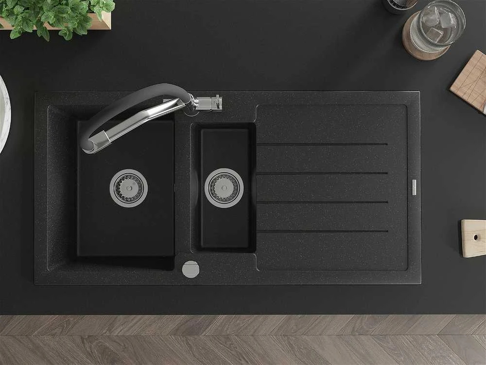 Granitinė virtuvinė plautuvė Mexen Andres su maišytuvu ir sifonu, Metallic juodas/sidabrinis+Juodas/Chrome