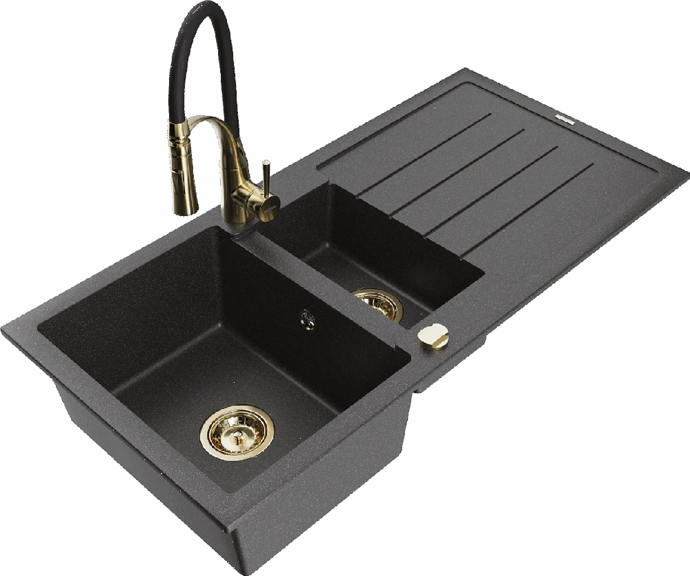 Granitinė virtuvinė plautuvė Mexen Andres su maišytuvu ir sifonu, Juodas granite+Juodas/Gold