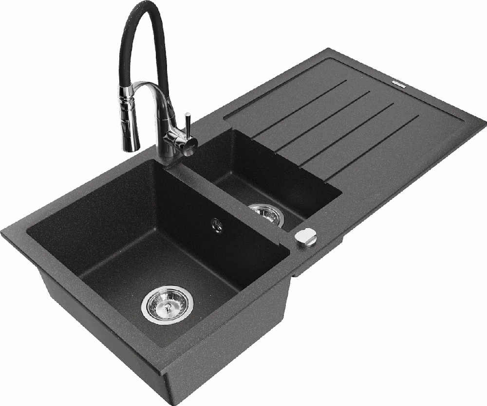 Granitinė virtuvinė plautuvė Mexen Andres su maišytuvu ir sifonu, Juodas granite+Juodas/Chrome
