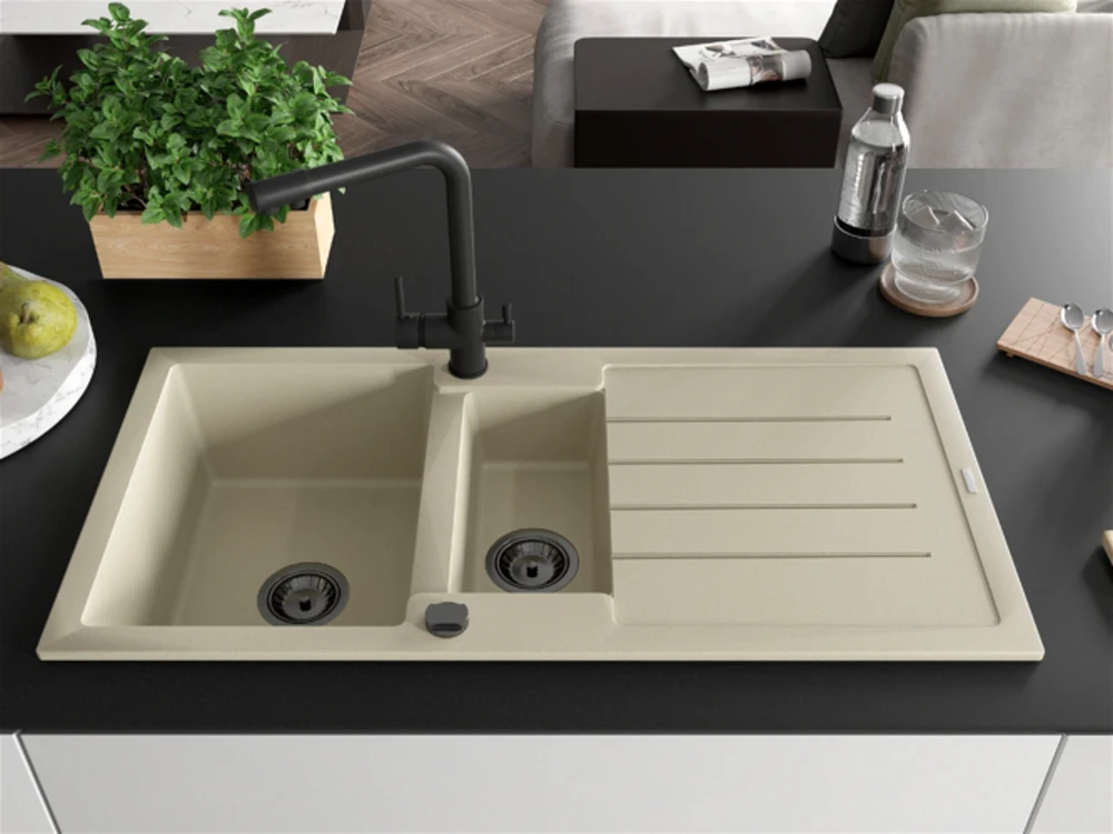 Granitinė virtuvinė plautuvė Mexen Andres su maišytuvu ir sifonu, rusvai gelsvas+Juodas(B)