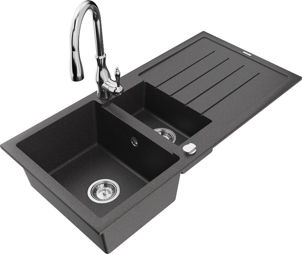 Granitinė virtuvinė plautuvė Mexen Andres su maišytuvu ir sifonu, Juodas granite+Chrome
