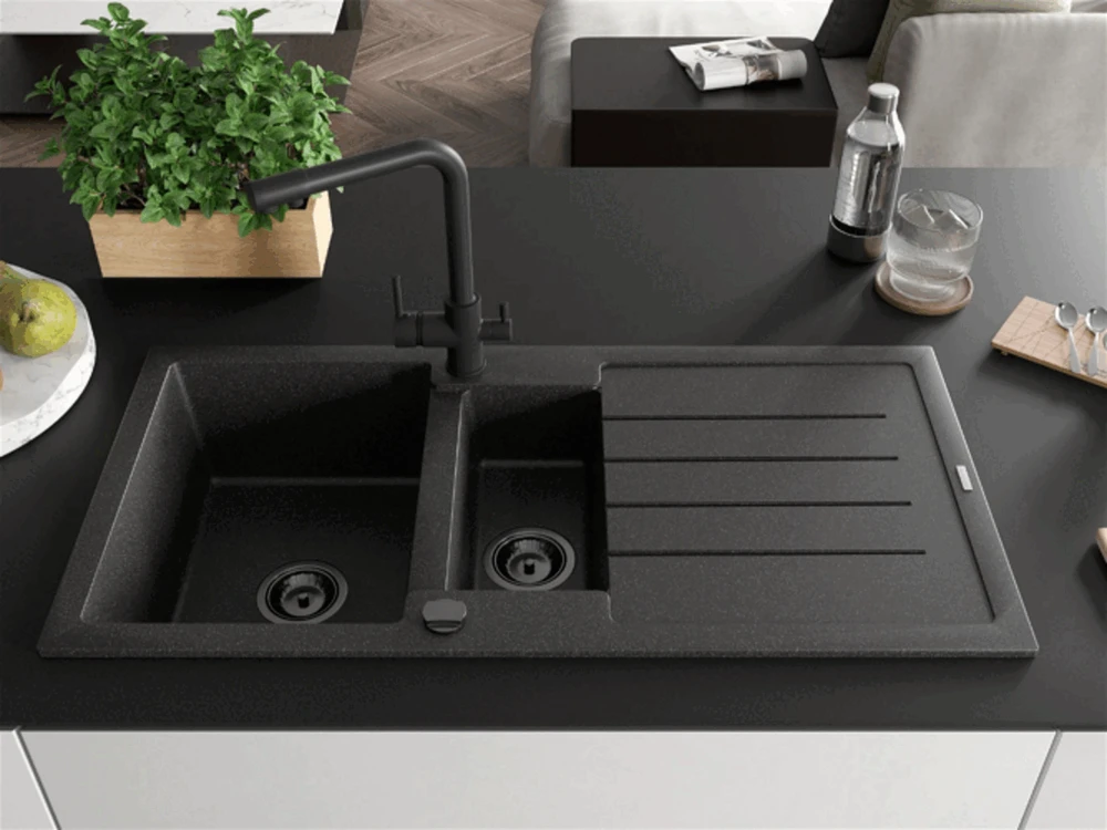 Granitinė virtuvinė plautuvė Mexen Andres su maišytuvu ir sifonu, Juodas granite+Juodas(B)