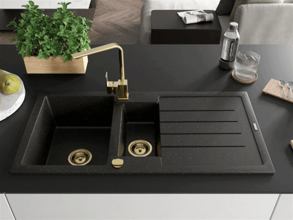 Granitinė virtuvinė plautuvė Mexen Andres su maišytuvu ir sifonu, Metallic juodas/auksinis+Gold