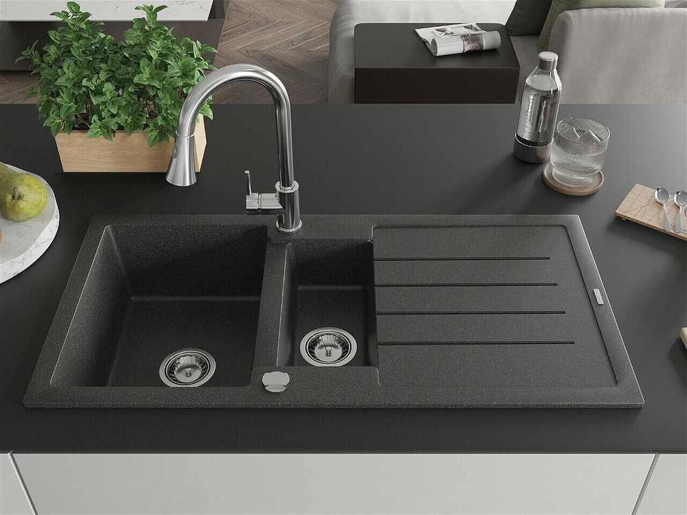 Granitinė virtuvinė plautuvė Mexen Andres su maišytuvu ir sifonu, Juodas granite+Chrome