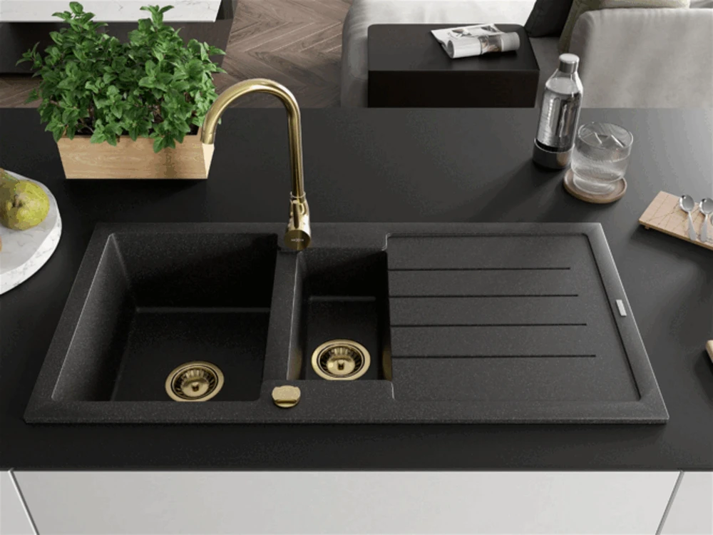 Granitinė virtuvinė plautuvė Mexen Andres su maišytuvu ir sifonu, Juodas granite+Gold