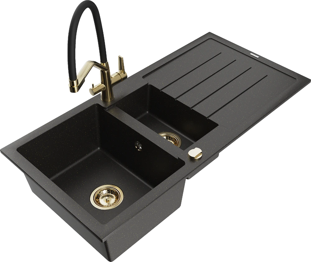 Granitinė virtuvinė plautuvė Mexen Andres su maišytuvu ir sifonu, Metallic juodas/auksinis+Juodas/Gold