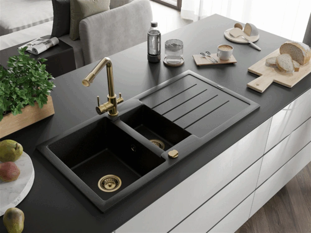 Granitinė virtuvinė plautuvė Mexen Andres su maišytuvu ir sifonu, Metallic juodas/sidabrinis+Gold