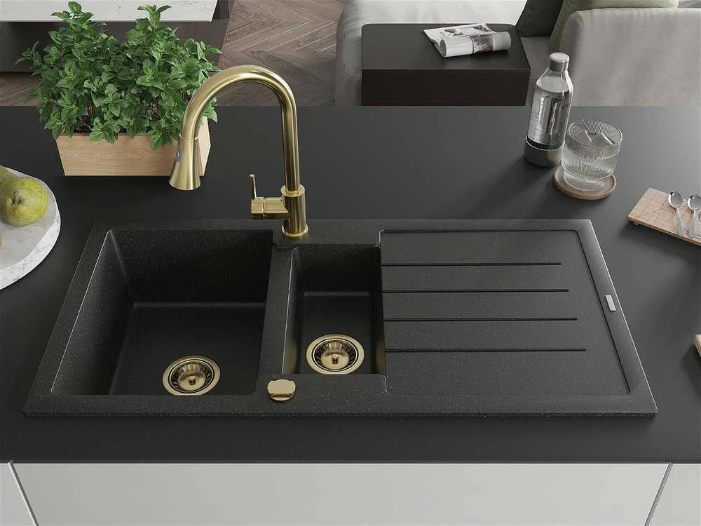 Granitinė virtuvinė plautuvė Mexen Andres su maišytuvu ir sifonu, Metallic juodas/sidabrinis+Gold
