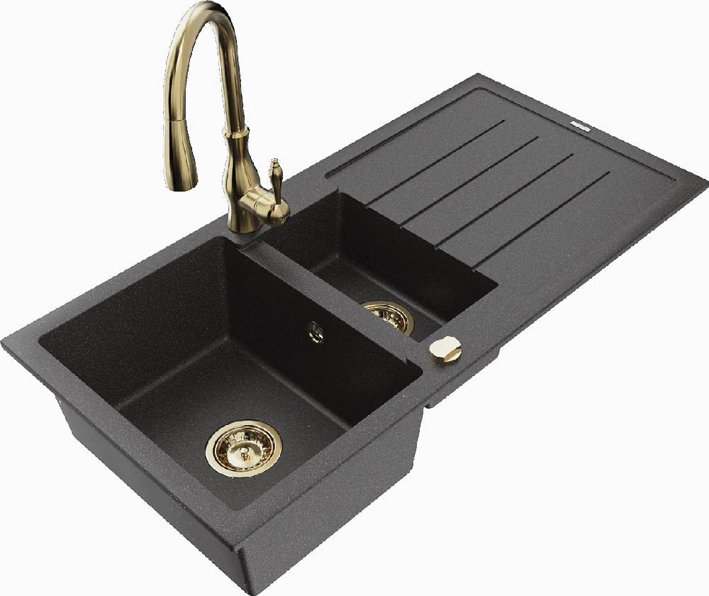 Granitinė virtuvinė plautuvė Mexen Andres su maišytuvu ir sifonu, Juodas granite+Gold
