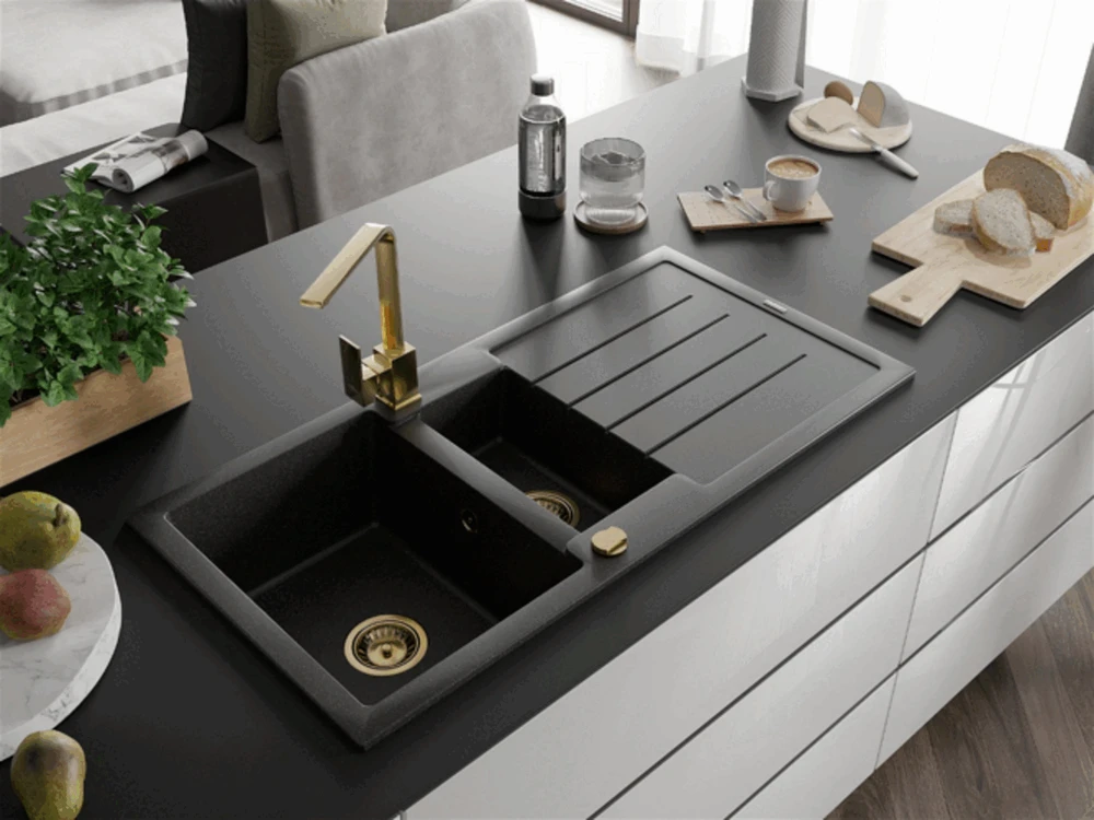 Granitinė virtuvinė plautuvė Mexen Andres su maišytuvu ir sifonu, Juodas granite+Gold