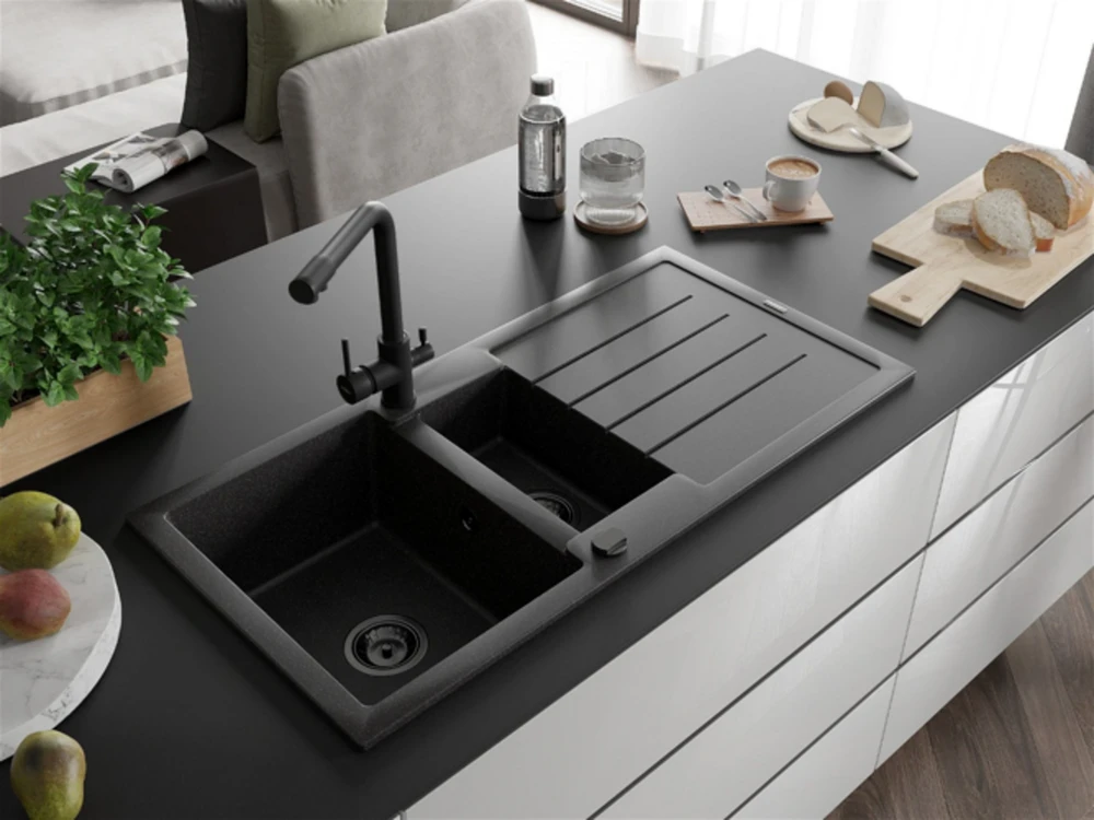 Granitinė virtuvinė plautuvė Mexen Andres su maišytuvu ir sifonu, Juodas granite+Juodas(B)