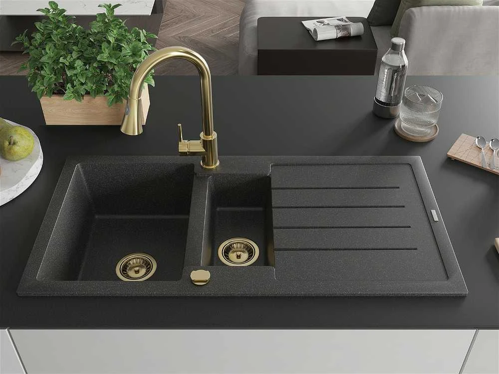 Granitinė virtuvinė plautuvė Mexen Andres su maišytuvu ir sifonu, Juodas granite+Gold