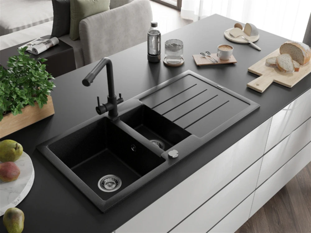 Granitinė virtuvinė plautuvė Mexen Andres su maišytuvu ir sifonu, Metallic juodas/sidabrinis+Juodas
