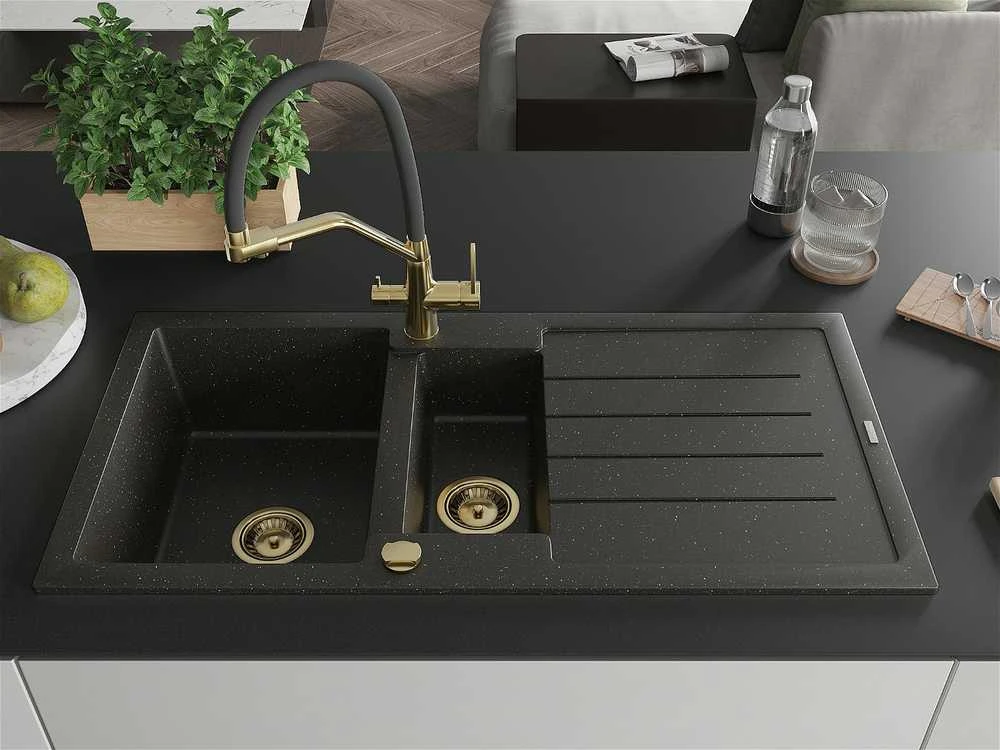 Granitinė virtuvinė plautuvė Mexen Andres su maišytuvu ir sifonu, Metallic juodas/auksinis+Juodas/Gold