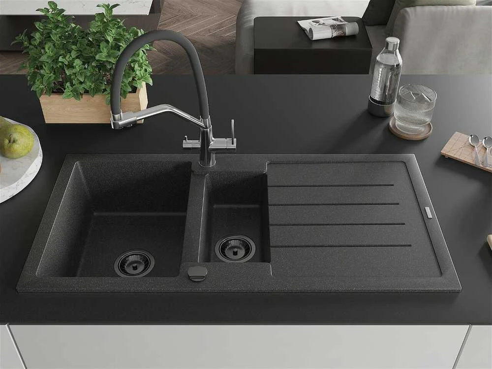 Granitinė virtuvinė plautuvė Mexen Andres su maišytuvu ir sifonu, Juodas granite+Juodas/Chrome