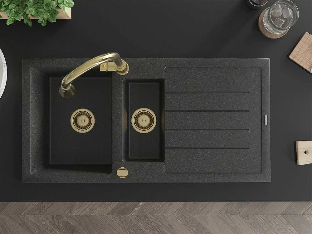 Granitinė virtuvinė plautuvė Mexen Andres su maišytuvu ir sifonu, Juodas granite+Gold